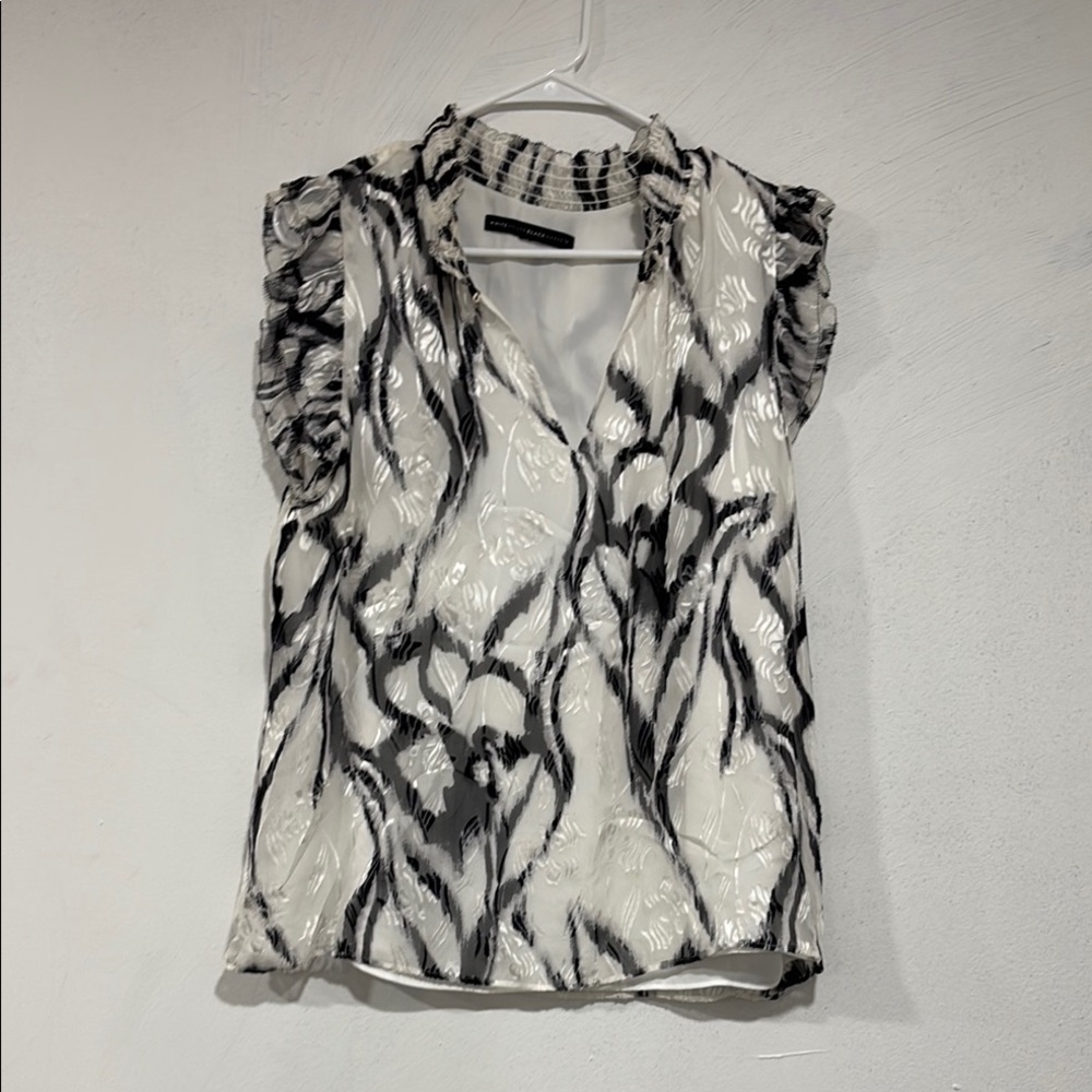 White House Black Market Ruffled Wrap Blouse Black and White